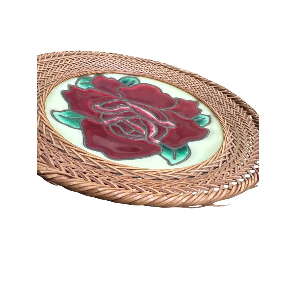 Vintage Japanese Cloisonne Enamel Moriage Plate Woven Bamboo Border red rose